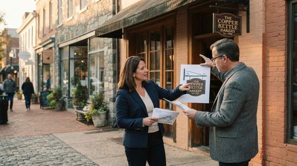 Editorial illustration for Getting a Storefront Sign Approved in a Historic District: The Two-Permit Path and What Reviewers Scrutinize